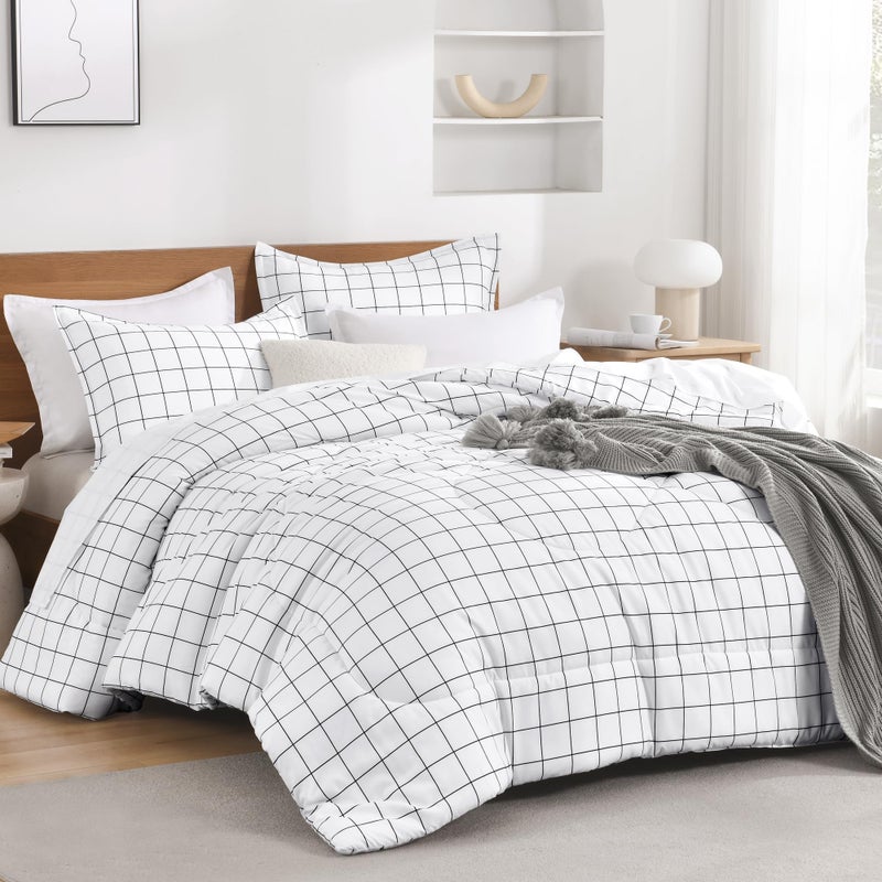 Andency Queen Comforter Set White Gingham, Plaid Grid Checkered Bedding Comforter Set Queen Size, 3 Pieces Lightweight Reversible Geometric Modern Bedding Set(90x90 Inch) - Image 1